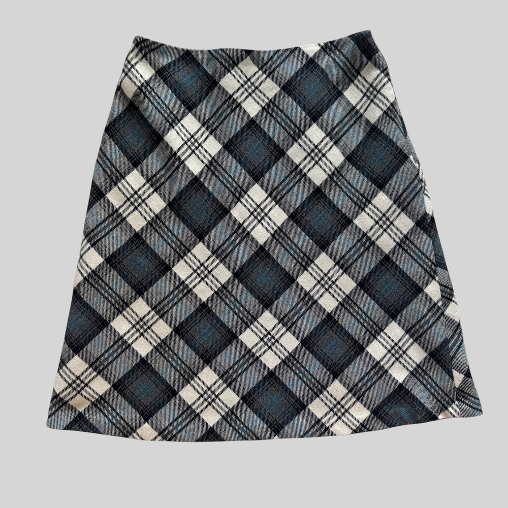 Hillard & Hanson Tartan Plaid Wool Blend A-Line mini Skirt Grey Blue sz 8 preppy